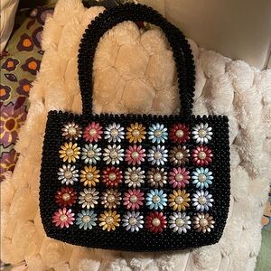 Vintage Black Beaded Floral Shoulder Bag